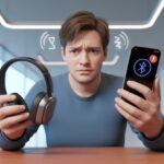 A person holding Bluetooth headphones and a smartphone with a Bluetooth warning symbol, looking frustrated while trying to connect the devices.
