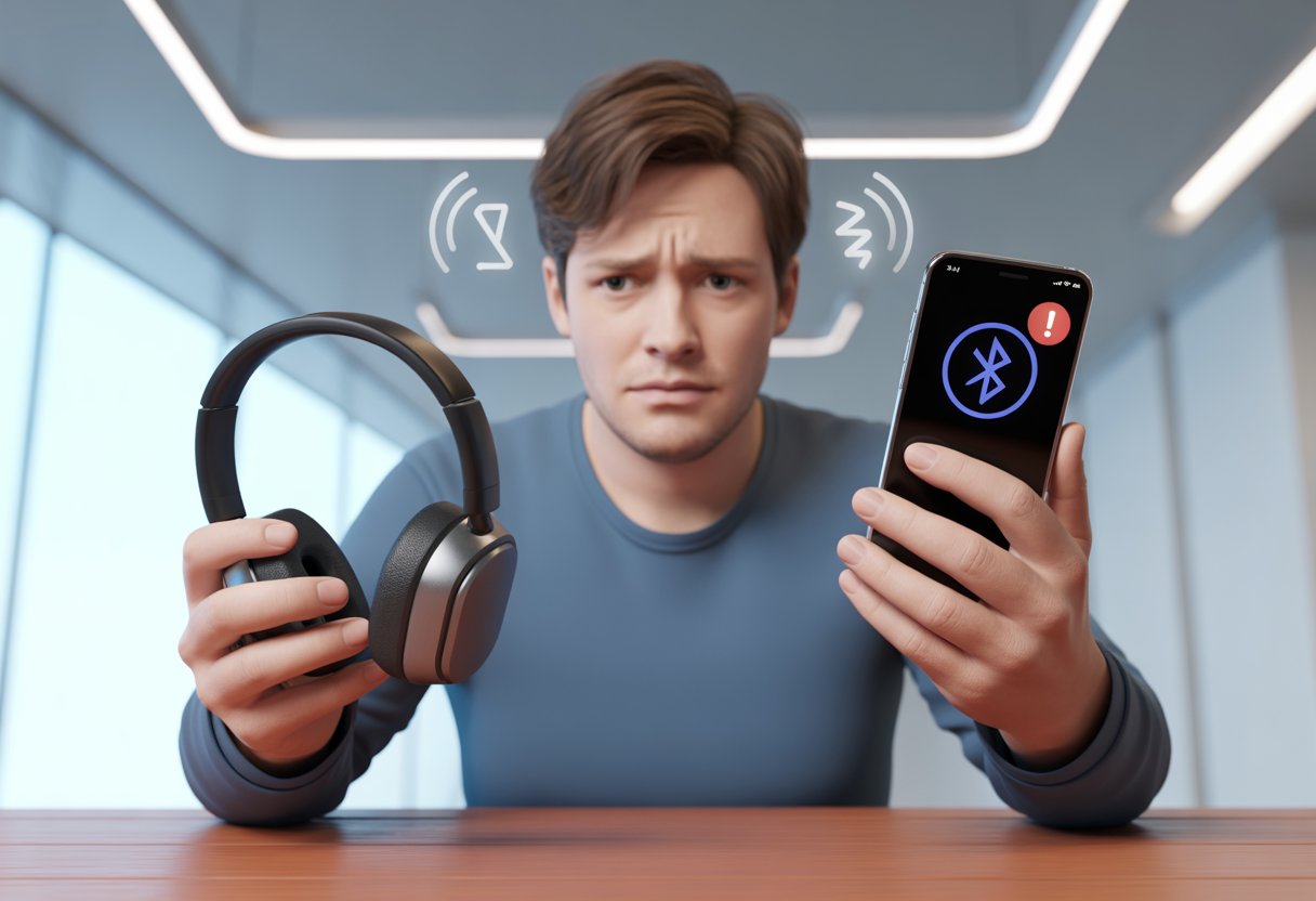 A person holding Bluetooth headphones and a smartphone with a Bluetooth warning symbol, looking frustrated while trying to connect the devices.