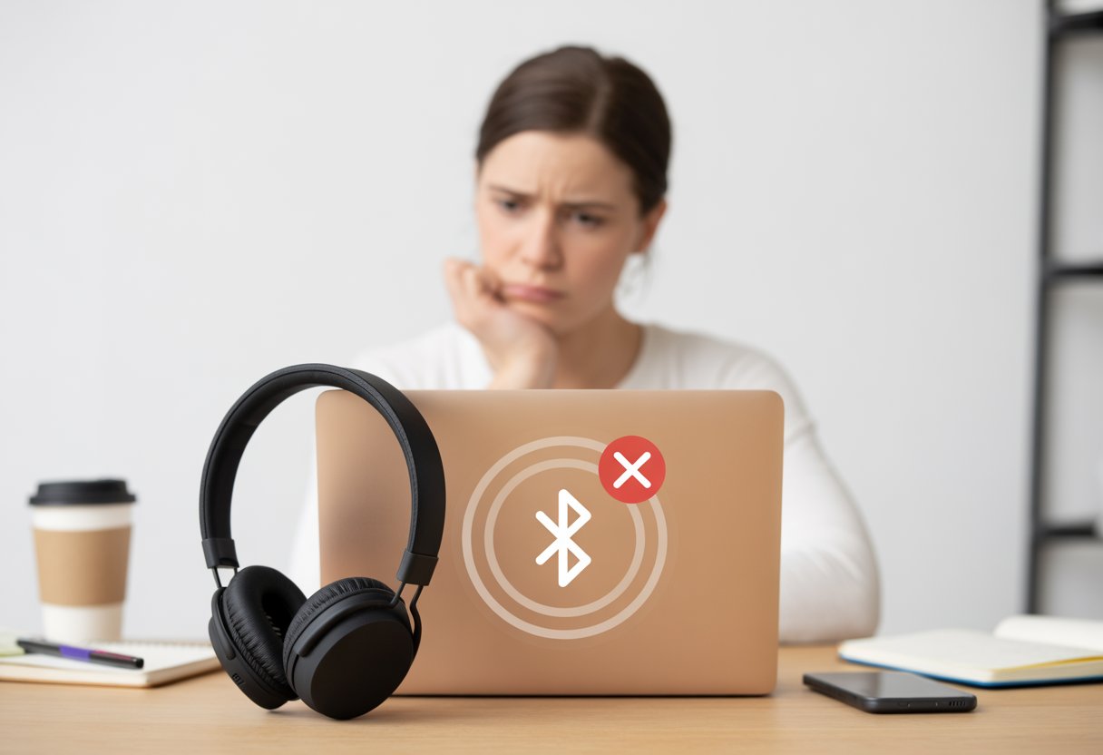 A person at a desk looking frustrated while trying to connect Bluetooth headphones to a laptop that shows a failed connection symbol.