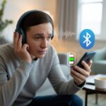 Why do my Bluetooth headphones sound too quiet? Turning Up the Volume on Silence A person wearing Bluetooth headphones looks puzzled while adjusting the volume on a smartphone in a living room.