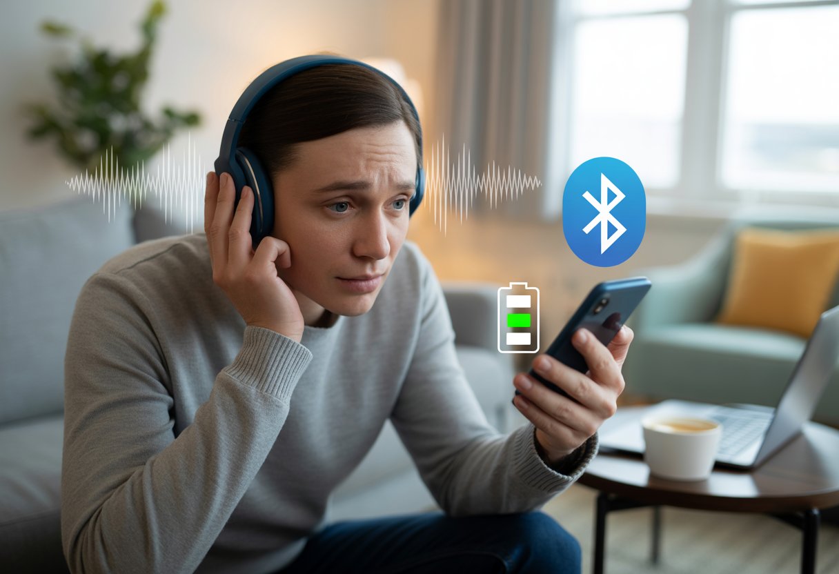A person wearing Bluetooth headphones looks puzzled while adjusting the volume on a smartphone in a living room.