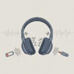 Bluetooth headphones with visual sound waves and crackling effects, surrounded by icons representing wireless interference, low battery, and loose connection.