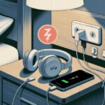 Bluetooth headphones on a bedside table with a smartphone and charging cable, showing signs of a connection problem.