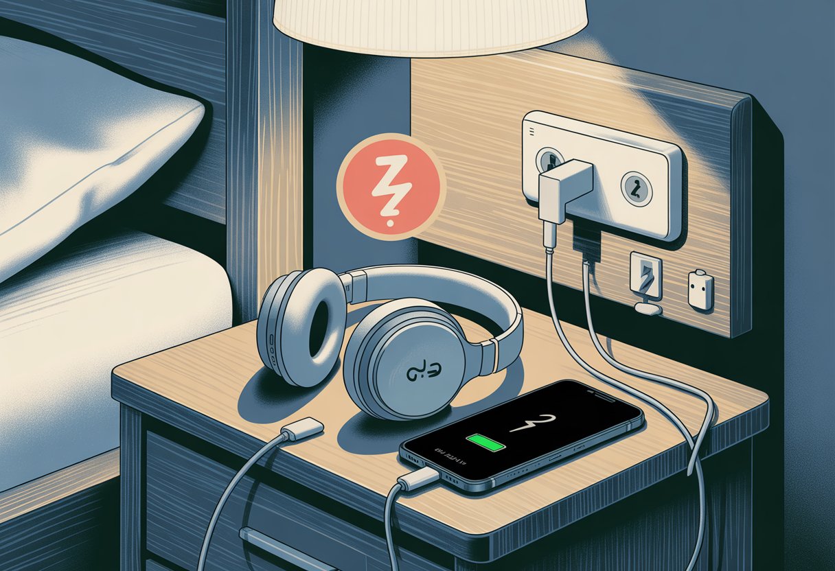 Bluetooth headphones on a bedside table with a smartphone and charging cable, showing signs of a connection problem.