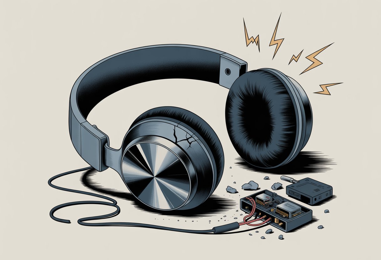 A pair of damaged Bluetooth headphones with cracks and exposed internal components lying on a surface.