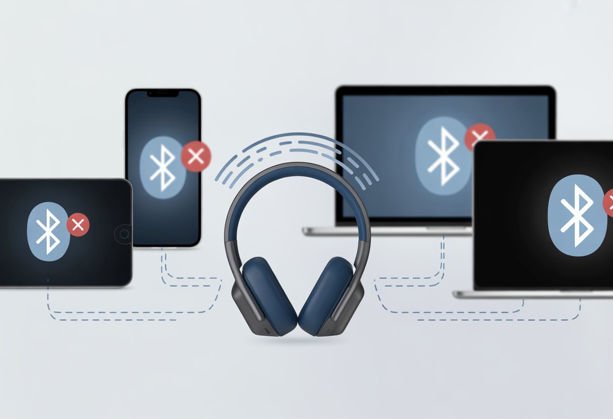 A pair of Bluetooth headphones surrounded by a smartphone, laptop, and tablet, each showing a broken connection symbol indicating they are not connecting to the headphones.