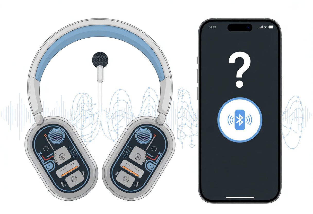 A pair of Bluetooth headphones with internal components visible next to a smartphone showing a voice assistant icon with a question mark.