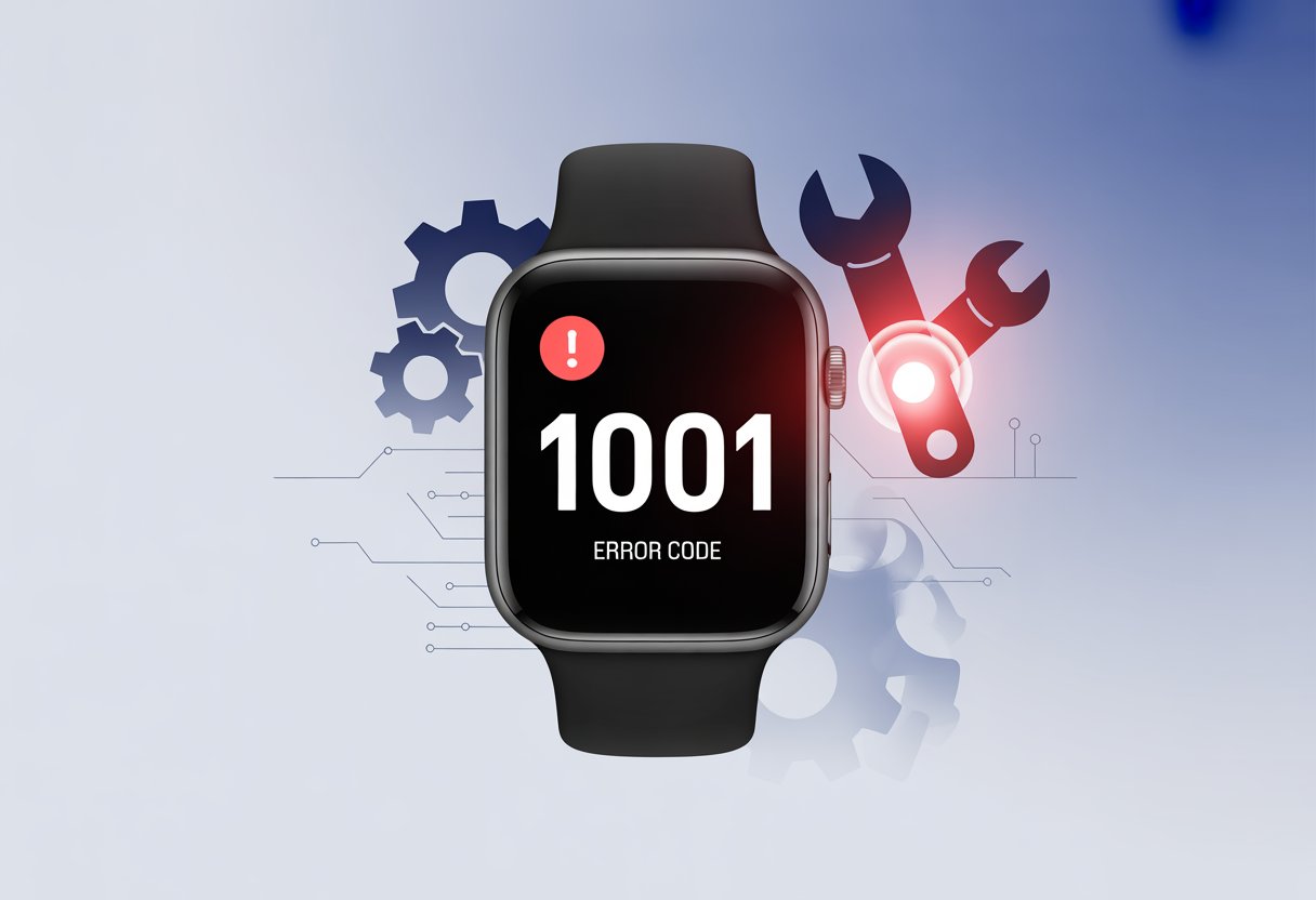 Close-up of a smartwatch with a red warning icon, surrounded by digital repair symbols like gears and a wrench.