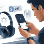 Bluetooth Headphones Error Code 301 Troubleshooting: When Your Tunes Take a Coffee Break A person troubleshooting Bluetooth headphones with a smartphone showing connection settings and warning icons on a clean desk.