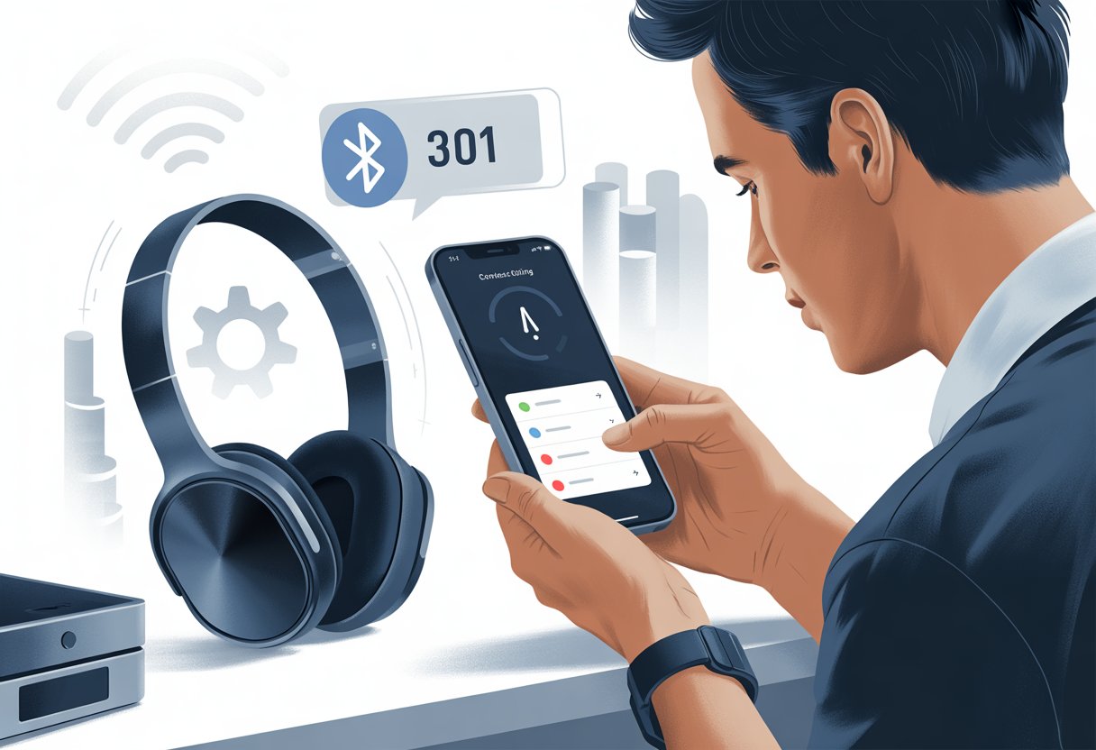 A person troubleshooting Bluetooth headphones with a smartphone showing connection settings and warning icons on a clean desk.