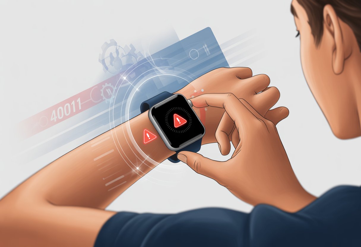 Close-up of a smartwatch on a wrist showing an error symbol with digital diagnostic icons around it, suggesting a technical issue being fixed.