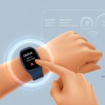 A person pressing a button on a fitness tracker showing an error symbol, with digital icons representing settings and troubleshooting in the background.