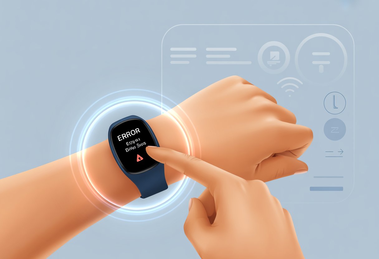 A person pressing a button on a fitness tracker showing an error symbol, with digital icons representing settings and troubleshooting in the background.