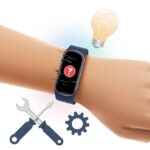 Fitness tracker error code 501 fix: When Your Tracker Needs a Fitness Break Too Close-up of a wrist wearing a fitness tracker showing an error icon, surrounded by symbols of repair like a wrench, screwdriver, gear, and light bulb.