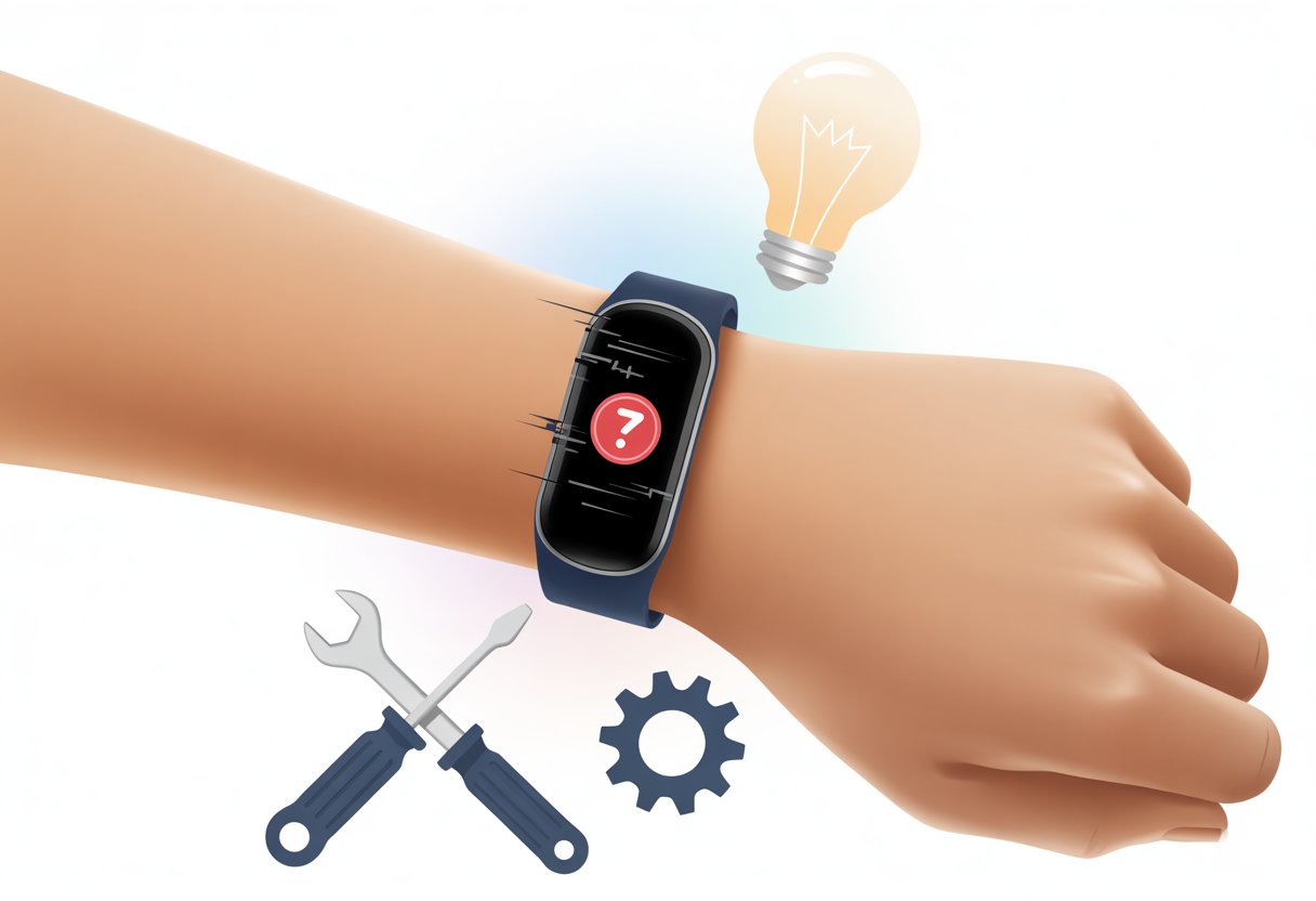 Close-up of a wrist wearing a fitness tracker showing an error icon, surrounded by symbols of repair like a wrench, screwdriver, gear, and light bulb.