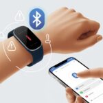 Close-up of a fitness tracker wristband showing a Bluetooth connection issue, with a hand holding a smartphone attempting to fix the connection.