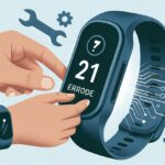 Close-up of hands interacting with a fitness tracker showing an error symbol, surrounded by icons representing technology and repair.