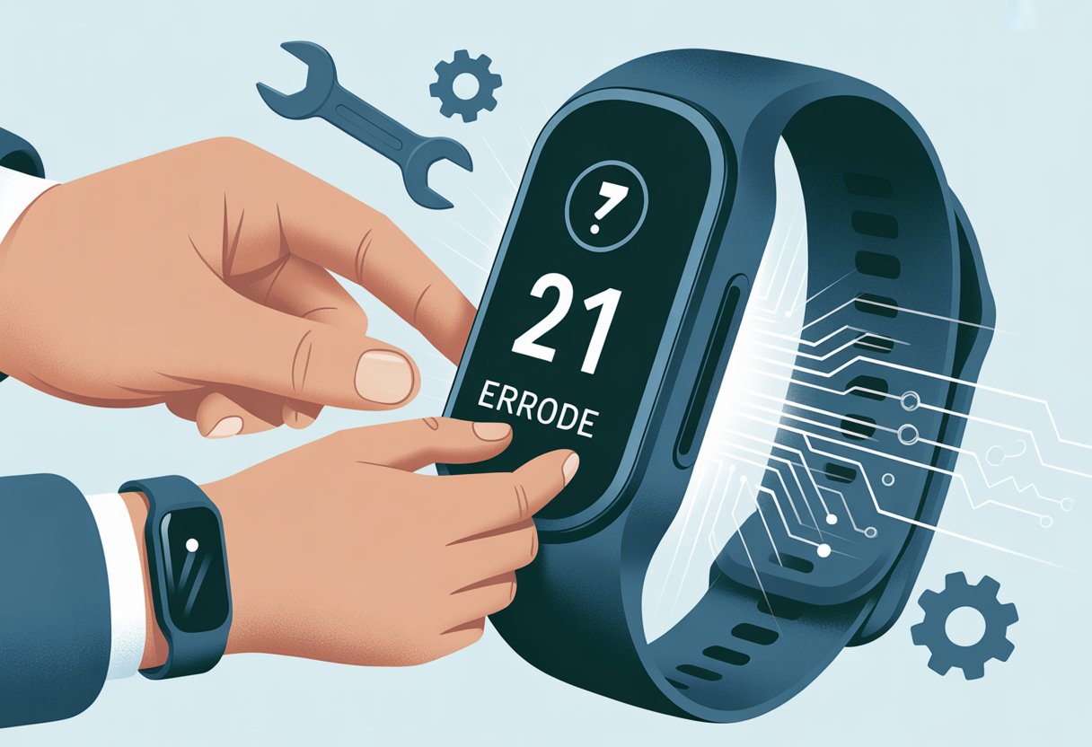 Close-up of hands interacting with a fitness tracker showing an error symbol, surrounded by icons representing technology and repair.