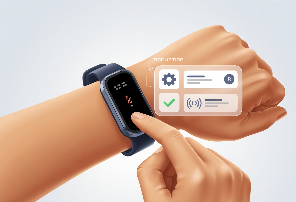 A close-up of a person’s wrist wearing a fitness tracker showing an error symbol, with a hand interacting with the device and digital icons representing troubleshooting steps around it.