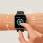 How to Reset a Smartwatch to Factory Settings: Press Here if You’ve Given Up on Your Digital Friend A hand tapping a modern smartwatch screen showing a settings icon with circular arrows around it, symbolizing resetting the device.