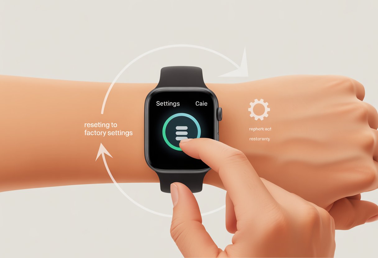 A hand tapping a modern smartwatch screen showing a settings icon with circular arrows around it, symbolizing resetting the device.