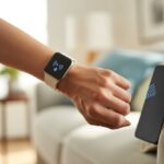 A person wearing a smartwatch uses it to find a smartphone in a living room.