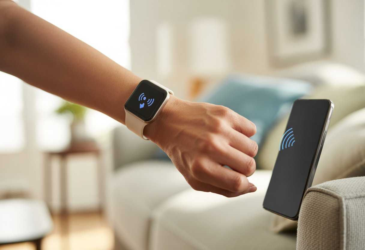 A person wearing a smartwatch uses it to find a smartphone in a living room.