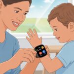 How to use a smartwatch for child safety: Because You Can't Clone Yourself Yet A parent helps a child put on a smartwatch that shows safety features on its screen in a bright home setting.