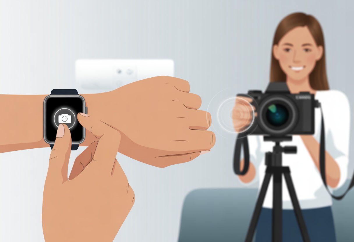 A person pressing a button on their smartwatch to remotely control a camera on a tripod, with another person posing in the background.