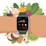 A smartwatch on a wrist showing vegan diet tracking with fresh plant-based foods around it.