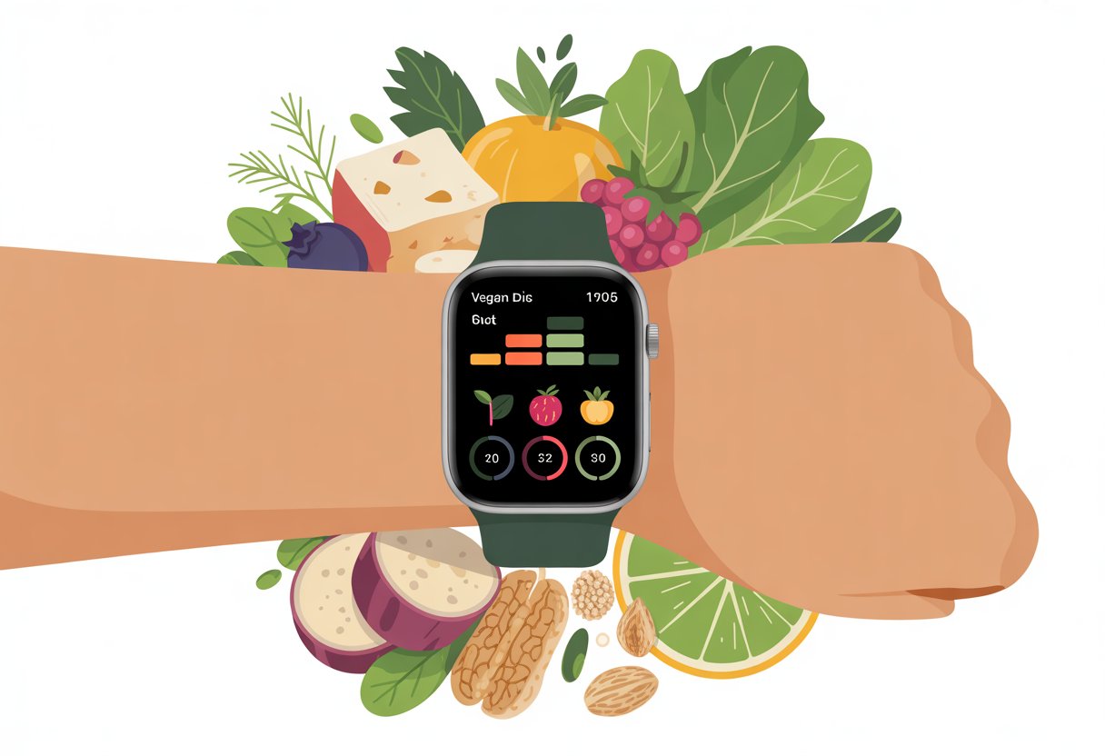 A smartwatch on a wrist showing vegan diet tracking with fresh plant-based foods around it.