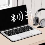 A MacBook laptop with Bluetooth icon on screen and a pair of Bluetooth headphones nearby showing wireless connection signals.