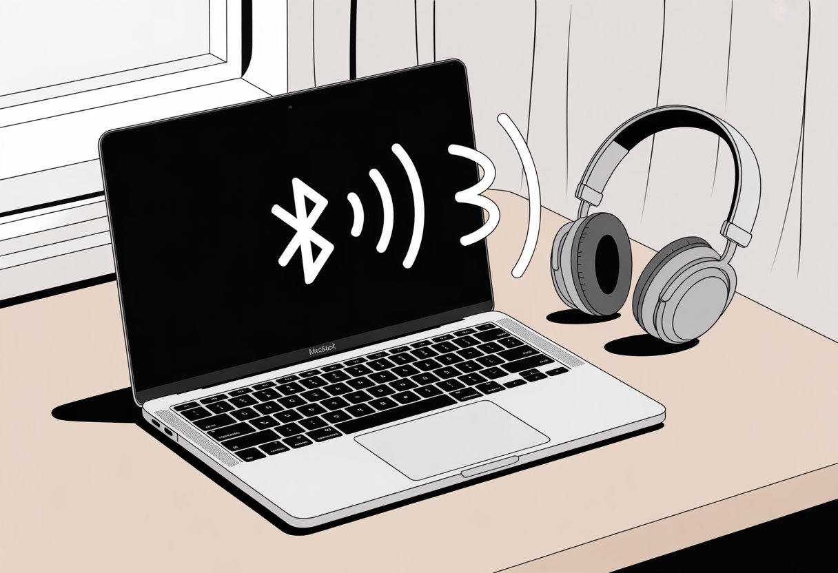 A MacBook laptop with Bluetooth icon on screen and a pair of Bluetooth headphones nearby showing wireless connection signals.