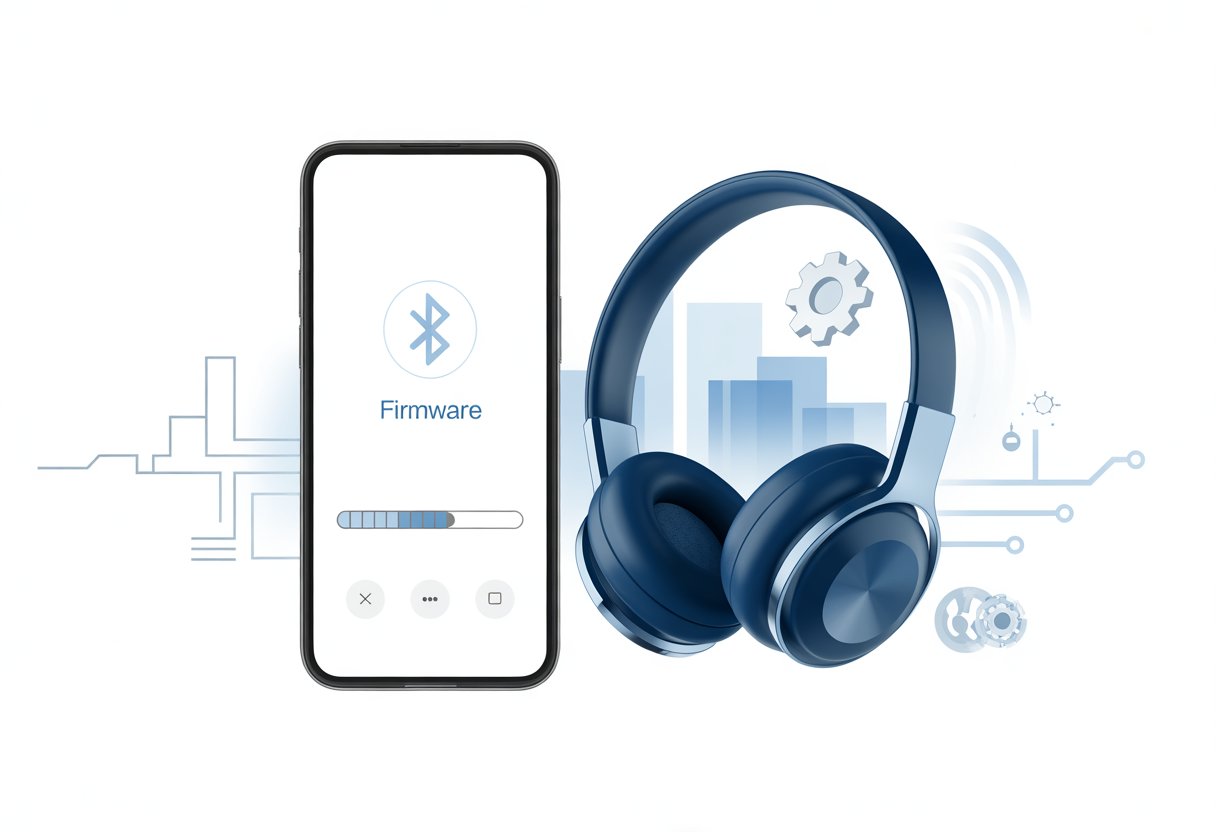 A pair of Bluetooth headphones connected wirelessly to a smartphone showing a progress bar, surrounded by digital icons representing a firmware update process.