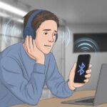 A person wearing Bluetooth headphones looks frustrated while a flickering Bluetooth signal icon appears near them, indicating connection issues.