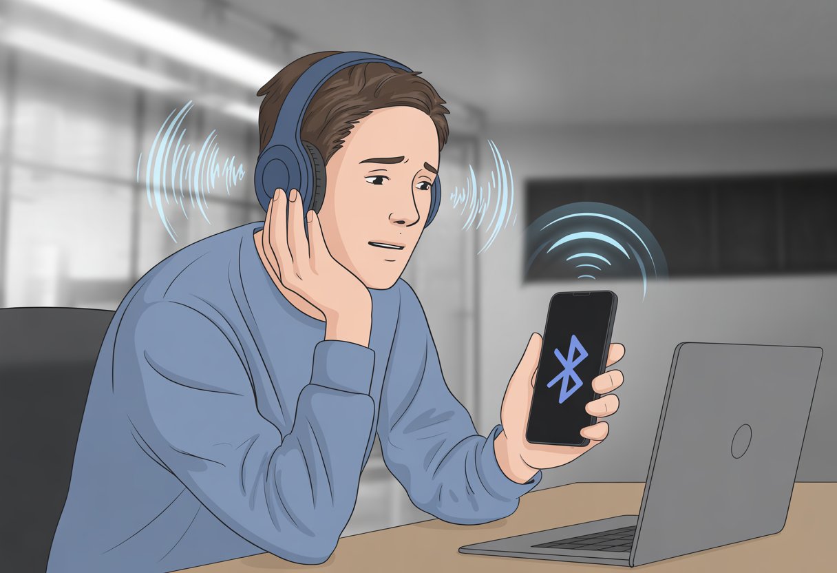 A person wearing Bluetooth headphones looks frustrated while a flickering Bluetooth signal icon appears near them, indicating connection issues.