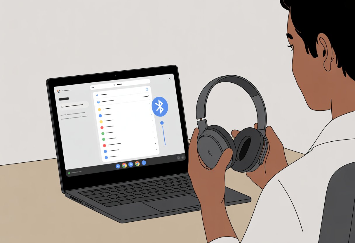A person sitting at a desk using a Chromebook laptop with Bluetooth headphones nearby, showing the process of connecting the headphones to the laptop.