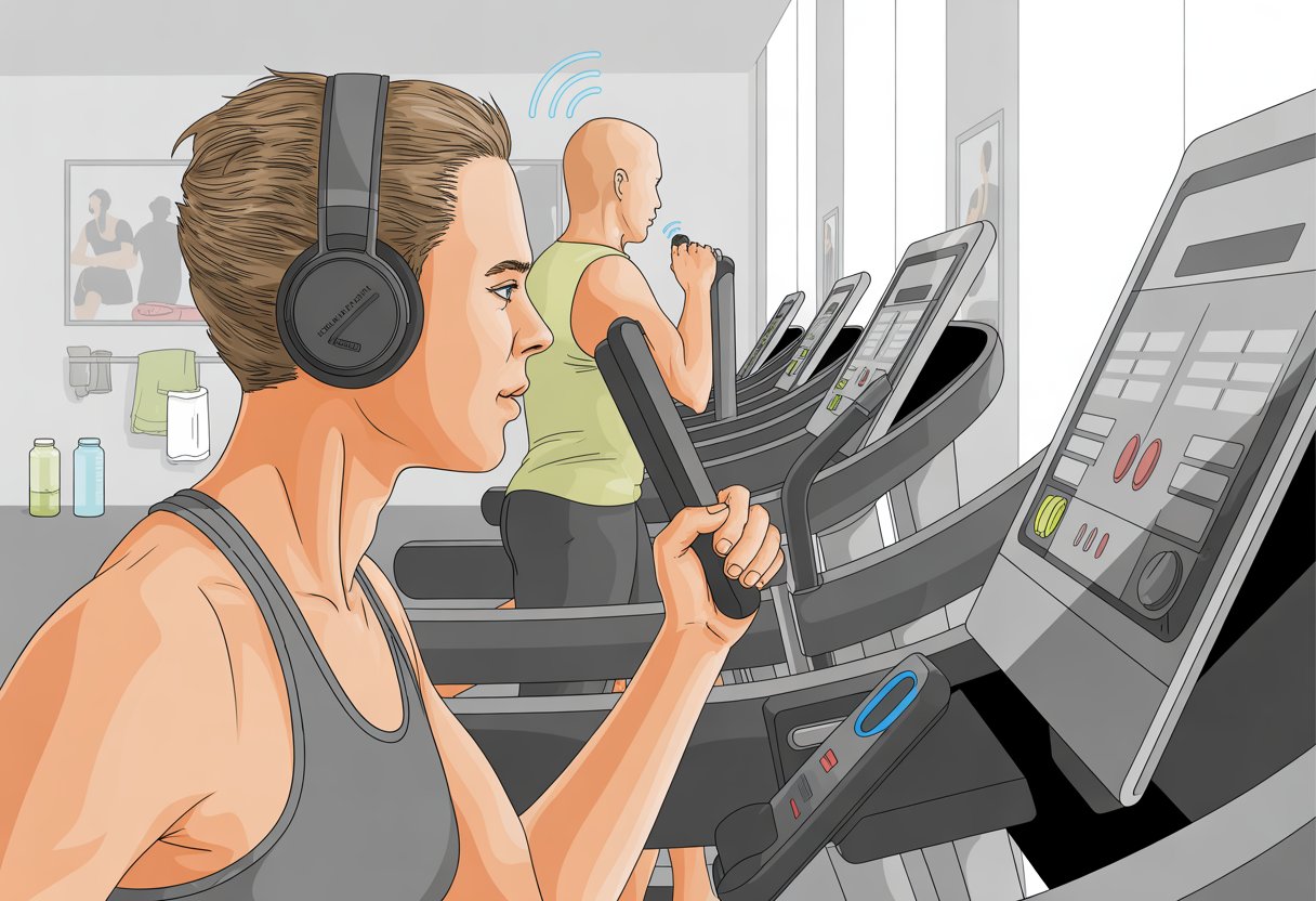 Person wearing Bluetooth headphones while exercising on a treadmill in a gym with various workout machines around.