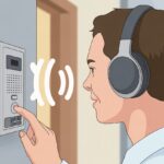 How to use Bluetooth headphones with an intercom system and Finally Escape Tangled Wires A person wearing Bluetooth headphones pressing a button on a wall-mounted intercom system indoors.