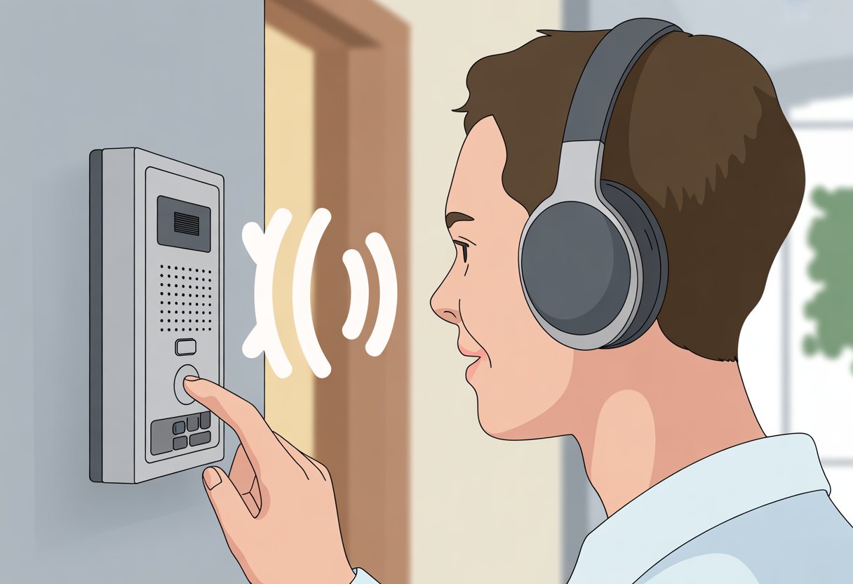 A person wearing Bluetooth headphones pressing a button on a wall-mounted intercom system indoors.