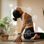 Person doing yoga on a mat indoors wearing a fitness tracker with icons showing health data around them.