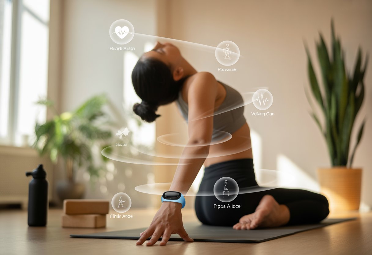 Person doing yoga on a mat indoors wearing a fitness tracker with icons showing health data around them.
