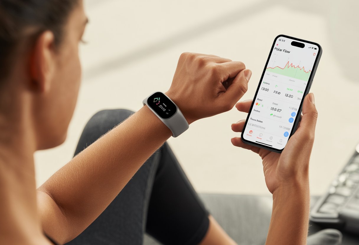 A person wearing a fitness tracker on their wrist looks at a smartphone showing fitness data and graphs.