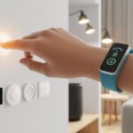How to Use a Fitness Tracker for Smart Home Control Without Breaking a Sweat A person wearing a fitness tracker is using hand gestures to control smart home devices like lights and thermostat in a modern living room.