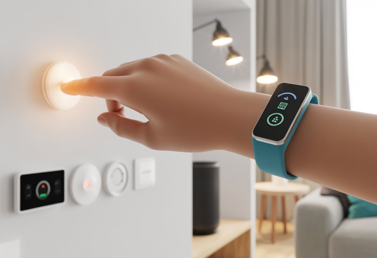 A person wearing a fitness tracker is using hand gestures to control smart home devices like lights and thermostat in a modern living room.
