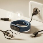 Why is my fitness tracker not charging? Maybe It’s on a Juice Cleanse Close-up of a fitness tracker connected to a charging cable with the screen off, surrounded by visual hints of charging problems like a loose cable and dust near the charging port.
