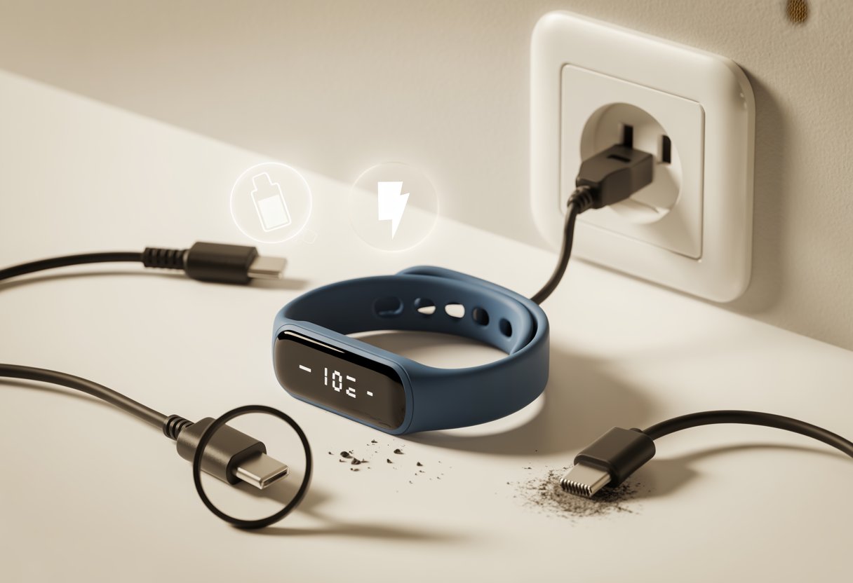 Close-up of a fitness tracker connected to a charging cable with the screen off, surrounded by visual hints of charging problems like a loose cable and dust near the charging port.