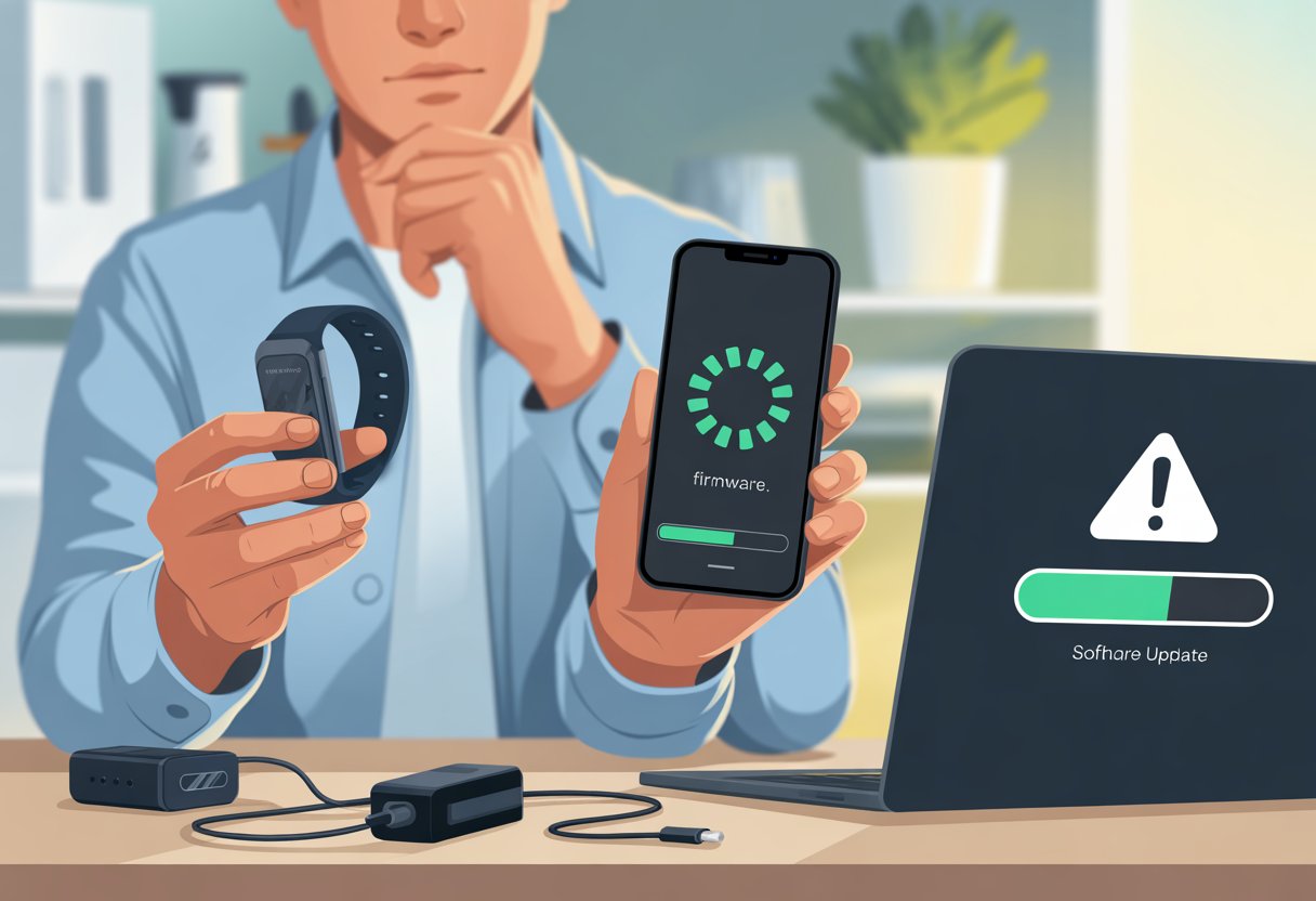 A person at a desk looking confused while holding a fitness tracker and a smartphone showing an error icon, with a laptop displaying a warning symbol.