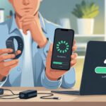 A person at a desk looking confused while holding a fitness tracker and a smartphone showing an error icon, with a laptop displaying a warning symbol.