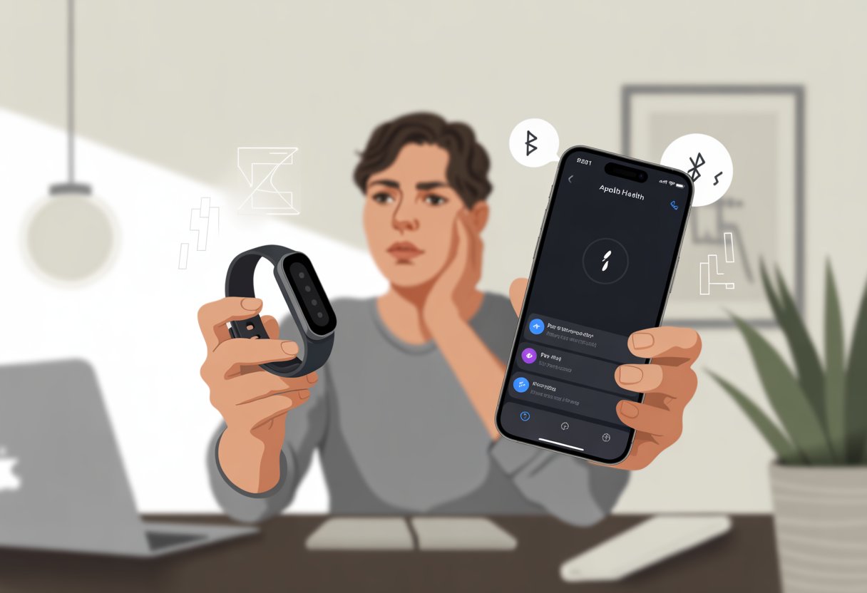 A person at a desk holding a fitness tracker and an iPhone, looking puzzled as the phone shows an error symbol related to pairing.